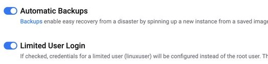 Vultr Additional Features 중 Automatic Backups와 Limited User Login이 켜진 부분